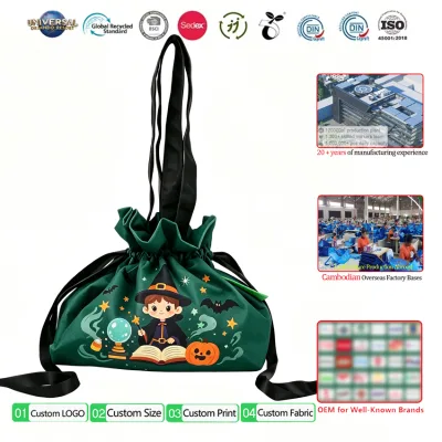 Non Woven Drawstring Handbag Manufacturer Customized Recycled Halloween RPET Drawstring Gift Bags for Halloween Packaging