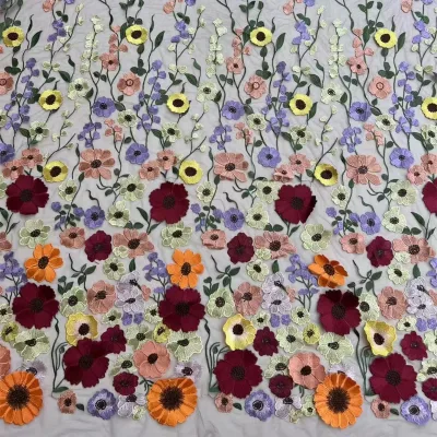 High End Fashion Popular Mesh Three-Dimensional Flower Embroidery Fabric 3D Lace Fabric for Dress Design