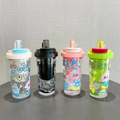 Simple High-value Plastic Cup Female Summer New Cartoon Large-capacity Student Cup Tea Warehouse Straw Water Cup