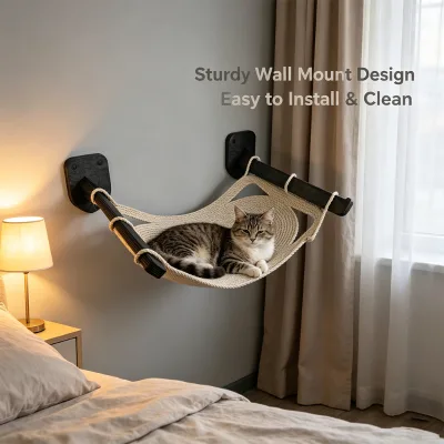 Handwoven Cotton Cat Wall Bed Sturdy Wooden Frame Easy Install Washable Mat Modern Pet Supplies for Small Apartments