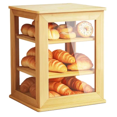 Raw Wood Bread Box - Large Capacity Bread Storage Bin with Display Case for Kitchen Counter