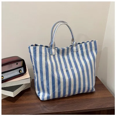Women Striped Tote Bag PVC Canvas Large Capacity Shopping Handbag Waterproof Daily Shoulder Bag