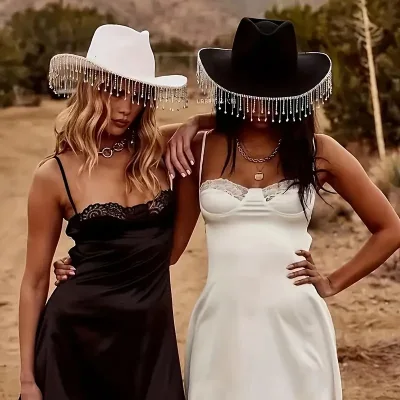 Wholesale Fashion Unisex Modal Fiber Cowgirl Hat Lightweight Bride Felt Hat With Diamond Fringe for Wedding Bachelorette Party