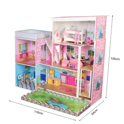 Deluxe Doll House Wooden With Garden in Front Door and 17 Sets Miniature Furniture Inside, High Quality Wooden Toys Doll House