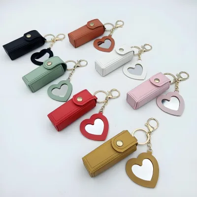 Fashionable Lovely Pu Leather Lipstick Holder Keychain With Makeup Mirror for Promotion Gift