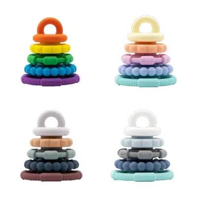 5 PC Stacking Baby Teether Toy, Rainbow Stacker Toy Teether Sensory Silicone Rings for Baby and Children of All Ages
