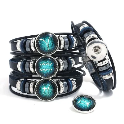 12 Constellation Zodiac Sign Snap-Button PU Leather Bracelet Multilayer Black Beaded Wristband Punk Horoscope Jewelry for Men