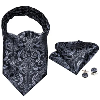 New Popular Black Silver Jacquard Floral Mens Silk Ascot Pocket Square Set