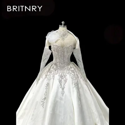 Sleeve Satin Beaded  Floor Length Illusion Wedding Gown Regal Cathedral Train High End Handcrafted Custom