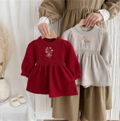 HY2 2025 New Autumn Baby Dress Girl Long Sleeve Knitted Dress Girl Floral Dresses