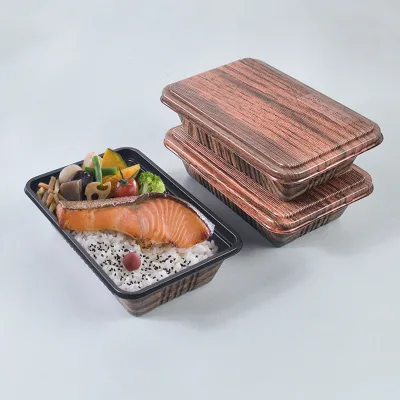 Disposable PP Brown Rectangle Japanese Bento Box Wood Grain Laminated Customizable Lunch Box Lid Spoons Food Grade Sushi Fast