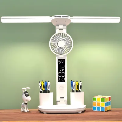 Touch Control Table Fan Lamp Dual Head Desk Lamp Calendar Alarm Clock Fan Light with Pen Holder for Bedroom Study Reading Lamp