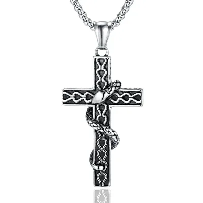 New Religious Jewelry Stainless Steel Men's Winding Snake Cross Necklace