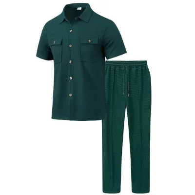 New Arrival Summer Men's Sets Casual T-Shirt and Shorts Set Custom Logo Two Piece Set Plain Waffle Tracksuit with Pockets