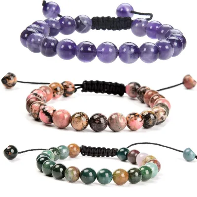 Hand Woven Bracelet pink Crystal Amethyst Agate Quartz Healing Crystal Beads Woven Rope Adjustable Spiritual Energy Bracelet