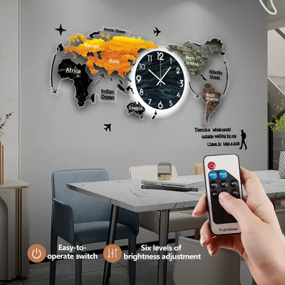 Batch-customized High-end Creative World Map Background Wall Decoration Mural for Living Room and Office,Silent Clock