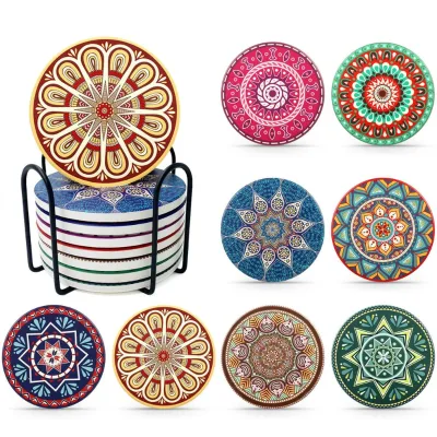Eco-Friendly Feature  Absorbent coaster Sets With Holder