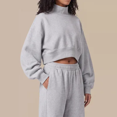 Wholesale Custom 280gsm Mockneck Boxy Oversized Cropped Women Sweatshirt 85% Cotton 15%polyester Digital Print Sweatershirt