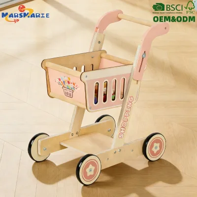 New Custom Educational Children Pretend Play Kids Toy 2-tier Large Capacity Pink Shopping Cart with Wooden Food Cutting Play Set
