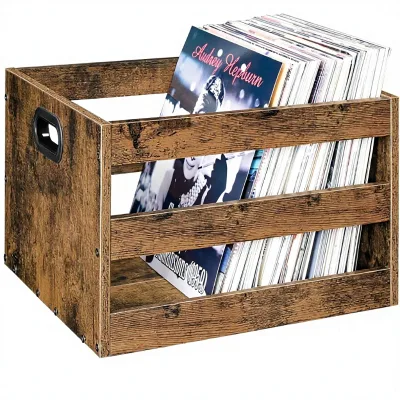 Vinyl Record & Photo Album Storage Crate Holder Vintage Wood Cube Organizer Rustic Brown