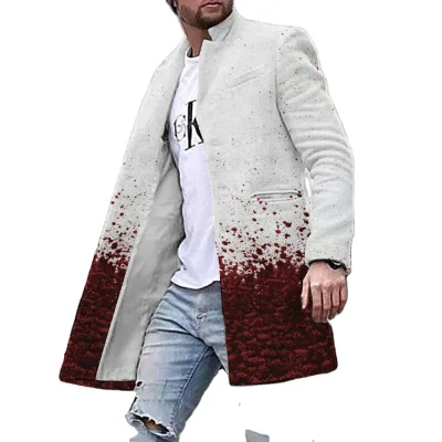 Autumn Winter Fashion Casual 3D Printed Sublimation Long Overcoat Men Single Breasted Stand Collar Peacoat Business Warm
