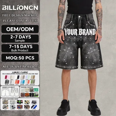 Custom Men's Jeans Shorts Mens Denim Shorts Streetwear Rhinestone Denim Shorts for Men