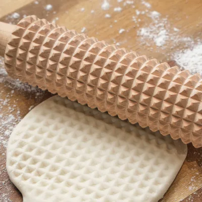 Customized Solid Wood Beech Rolling Pin Wooden Sawtooth Embossing Roller Rolling Pin Press Printing Rolling Pin