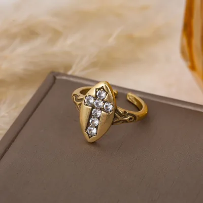 Minimalist Cross-shaped Copper Ring with Unique Opening Retro Aged Brick Pattern Shield Design Set with Zircon Stones
