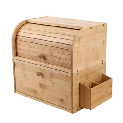Multifunctional Large Capacity 2 Layer Stackable Kitchen Countertop Bread Storage Natural Bamboo Bread Box With Cutlery Holder