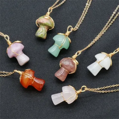Natural Crystal 20mm Mushroom Pendant Hand Wrapped Wire DIY Charm for Jewelry Making Wholesale