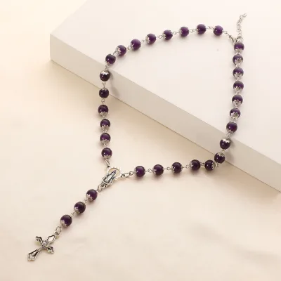 Hot Sell Rosary Stone Beads Necklaces  Jesus Virgin Mary Catholic Religious Rosary Necklace  Religious Belief Cross Necklace