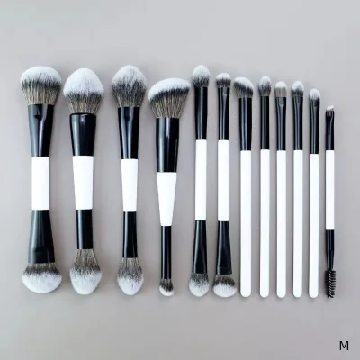 Nylon Wood Handle Black White Double-headed Makeup Brush Set for Foundation Blush Powder Eye Lip & Eyebrow Use
