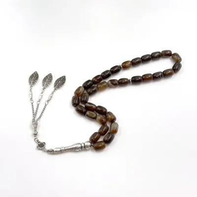 Arab Muslim Religious Islamic Prayer Beads Tasbih Rosary Tasbeeh 33 Beads 10*14mm Brown Agate Barrel Made Zinc Alloy Middle