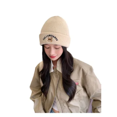 Warm Cute Puppy Embroidery Knitted Beanie Hat Woman's Winter Slouchy Cap Face Slimming Universal Large Size