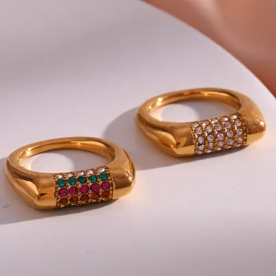 Vintage Romantic Inlay Chunky Colorful Crystal Rhinestone Statement Ring 18K Gold Plated Stainless Steel Engagement Wedding