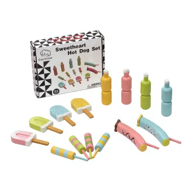 Party Favor Encourage Role Play Toys, Pretend Food Play Toy, Wooden Iconic Ice Lollies Popsicle & Hot Dog Set for Children