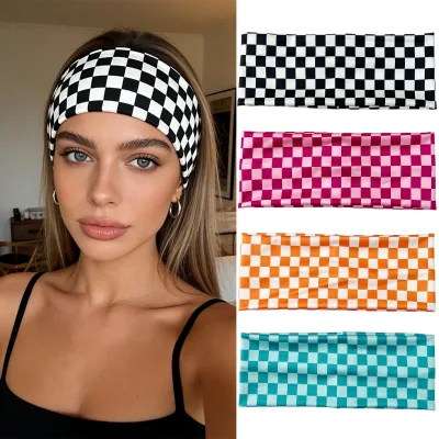 Checkerboard Plaid Wide Elastic HeadbandStretch Square Turban Hair Scarf Sweat Resistant Gym Workout Hair Bands for Women Girls