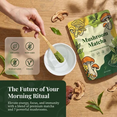 Premium Vegan Mushroom Matcha Powder OEM/ODM Natural Matcha With 7 Mushroom Powder Non GMO for Body Focus Stress Relief Powder