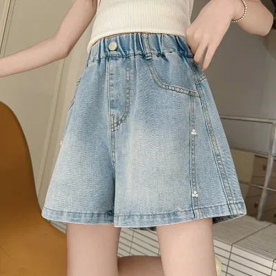 Girls Summer New Korean Style High Waist Elastic Waistband Denim Shorts 2026 Fashionable Loose All-Match for Older Kids
