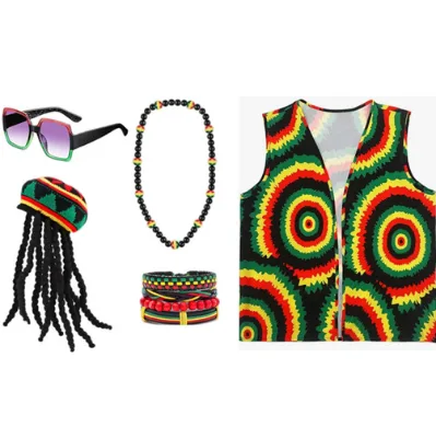 Festival Unisex Knit Braid Hat Hip Hop Cap Men Costume Retro Bracelet Necklace Clothing Glasses Set
