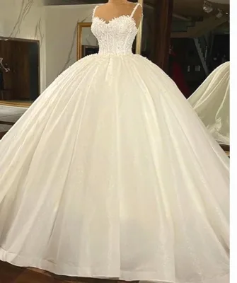 S2389Y Luxury Ball Gown Lace Dress with Beaded Straps, French Vintage Style, Train, Lace Print, Wedding Dress