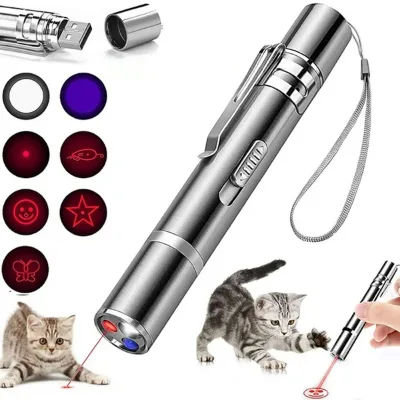 Cat Laser Toy USB Charging LED Light Pointer Rechargeable Torch UV Flashlight Pen 5 Patterns Laser Pen Cat Toys