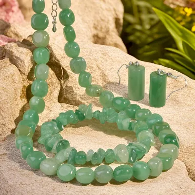European American Hot-Selling Green Aventurine Beaded Iron Necklace Women's Natural Stone Bracelet Earrings Jewelry Set Model