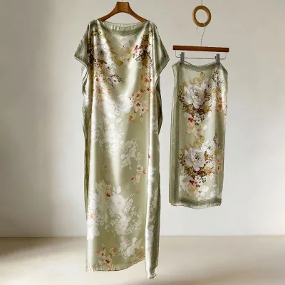 VISROVER Chinese Elegant Summer Polyester Flower Printed Satin Robe Hijab Ladies Joker Sleeveless Meat Cover Long Towel Ethnic