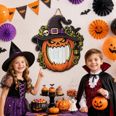 Wholesale EVA Pumpkin Witch Hat Hanging Mirror Spooky Skull Spider Design Halloween Wall Decor for Home Party