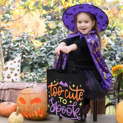 Minimalist Halloween Tote Bag - Cotton Canvas Reusable Sack with Moon & Bats
