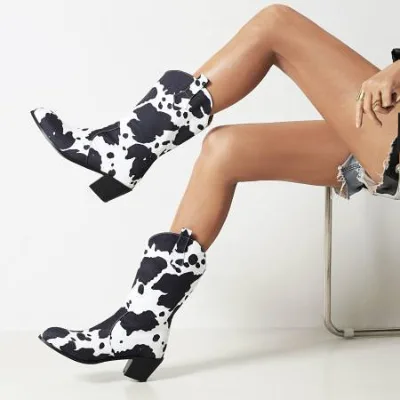 Wholesale Large Size 35-48 Black and White Cow Print Round Toe Mid Calf Women Cowboy Cowgirl Western Boots