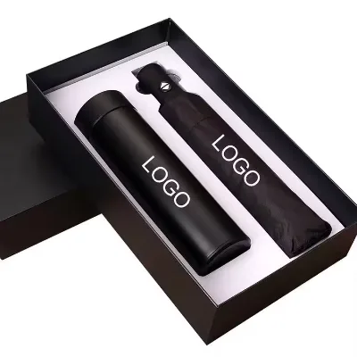 Custom Stainless Steel Thermal Vacuum Flask Smart Travel Thermos Cup Water Bottle Folding Umbrella Christmas New Year Gift Set