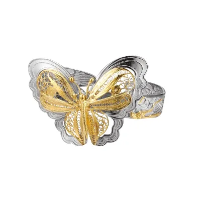 S925 Silver Bracelets for Women Ethnic Style Wide Contrast Colored Hollow Flowers Filigree Wore Inlaid Fashion Bangles Wholesale