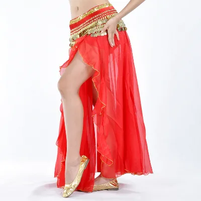 Sexy One Sided High Slit Gold Edged Chiffon Half Long Skirt Belly Dance Performance Bottom for Women